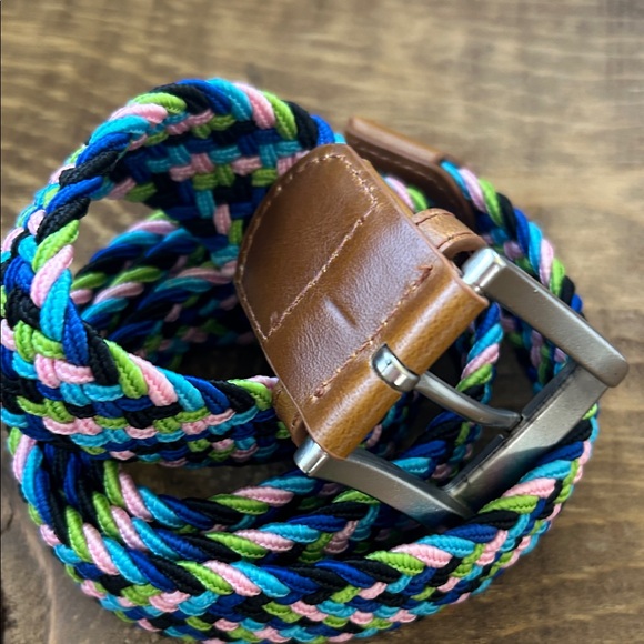 Men's Multicolor Braided Elastic Belt with Brown Leather Trim - Picture 3 of 3